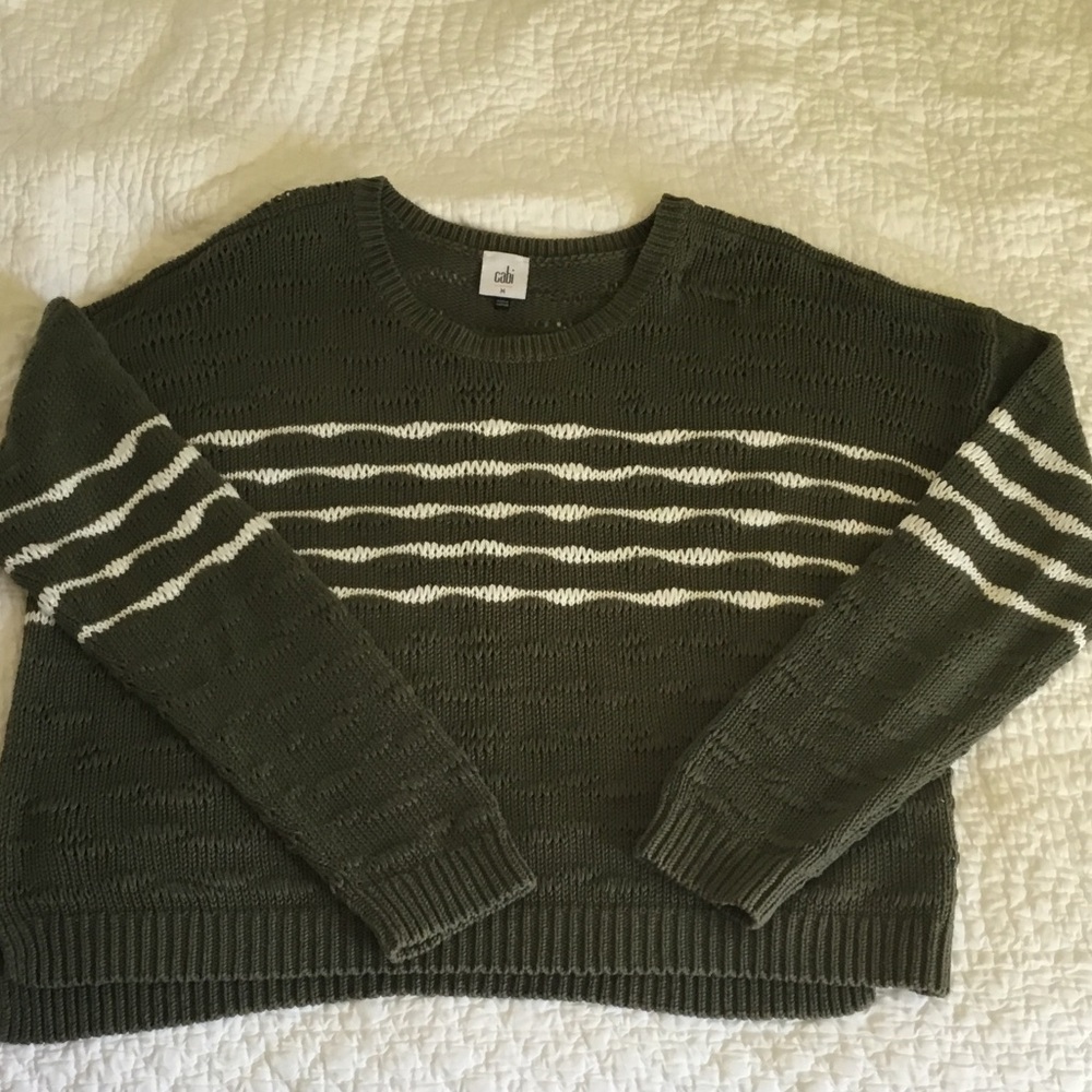 CAbi Olive Green Crewneck Sweater with White Stripes